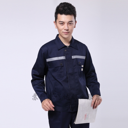 藏青拼米色滌棉線(xiàn)卡靜電服AC090-JD