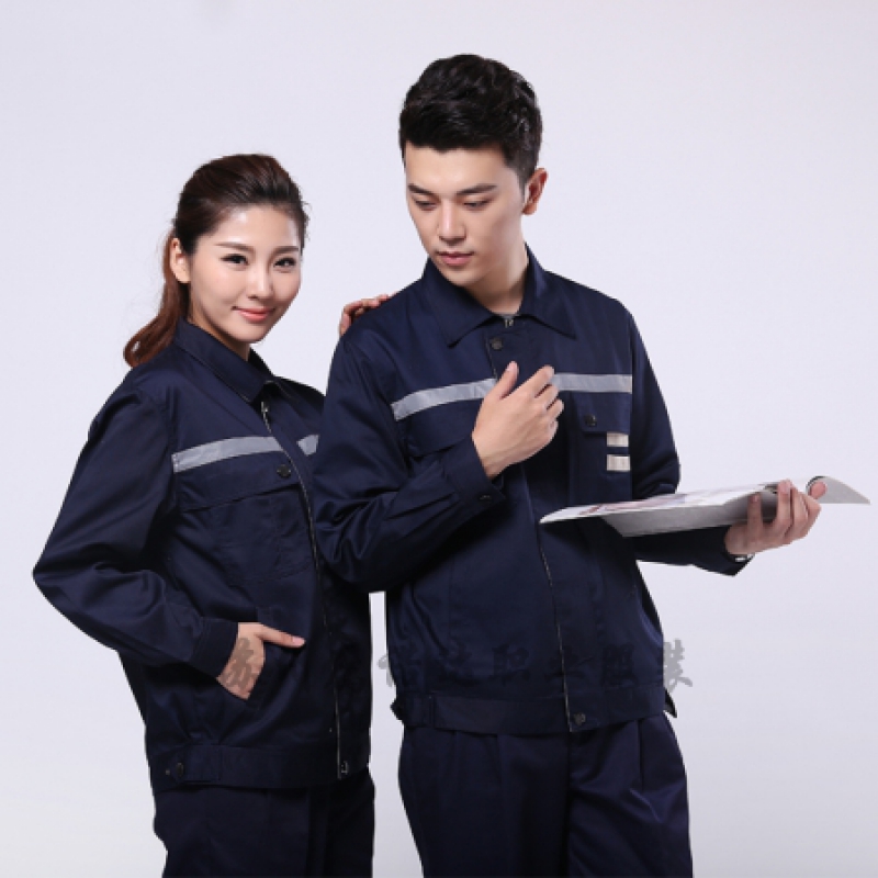 藏青拼米色滌棉線(xiàn)卡中石油工作服AC090-SY